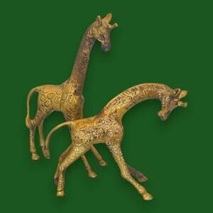 Vintage Solid Brass Giraffe Figurines Pair Made In England Safari Home Decor